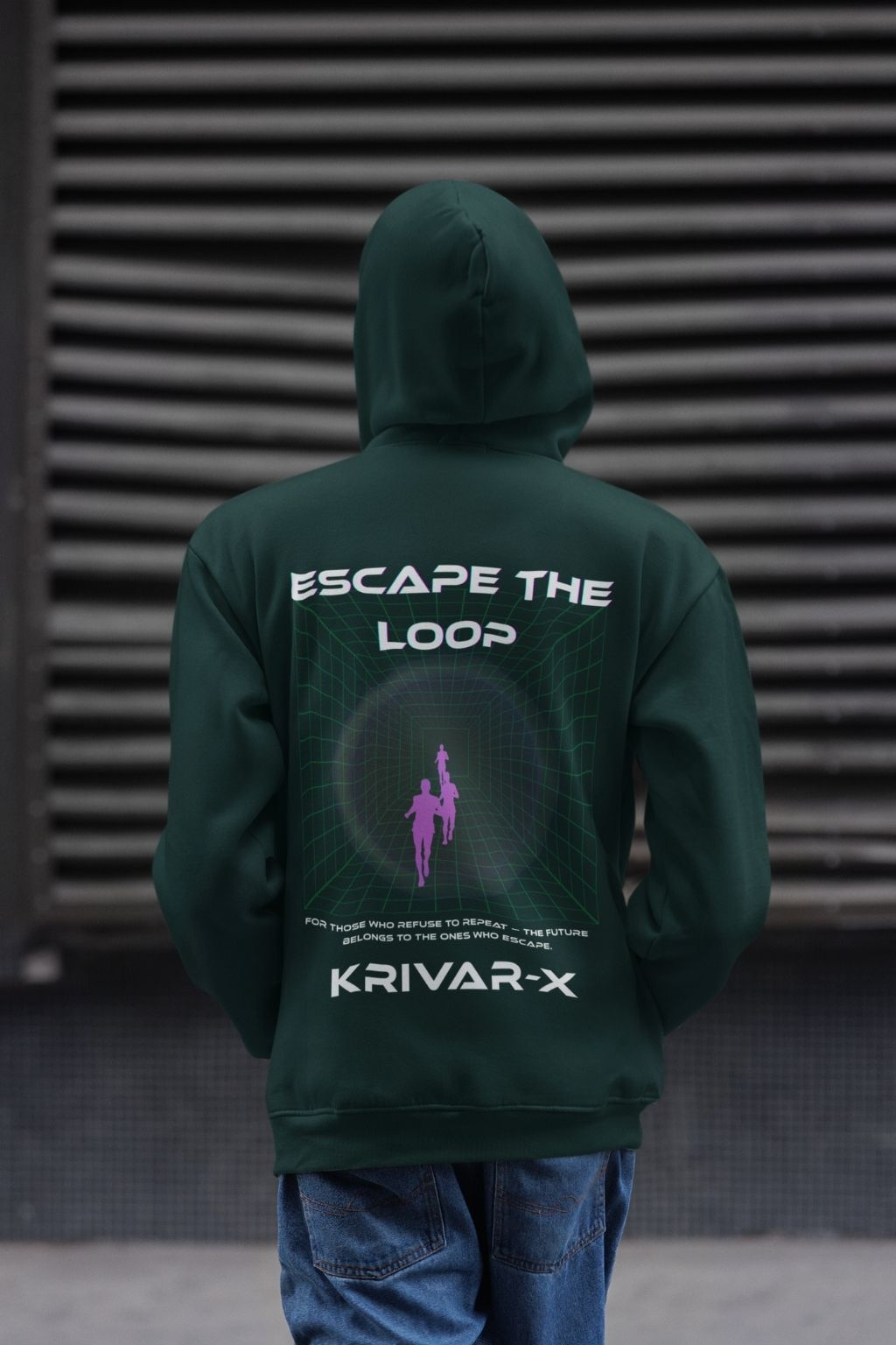 Escape The Loop oversized graphic hoodie by KRIVARX with futuristic tunnel back print